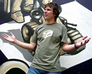 James models the men's green t-shirt